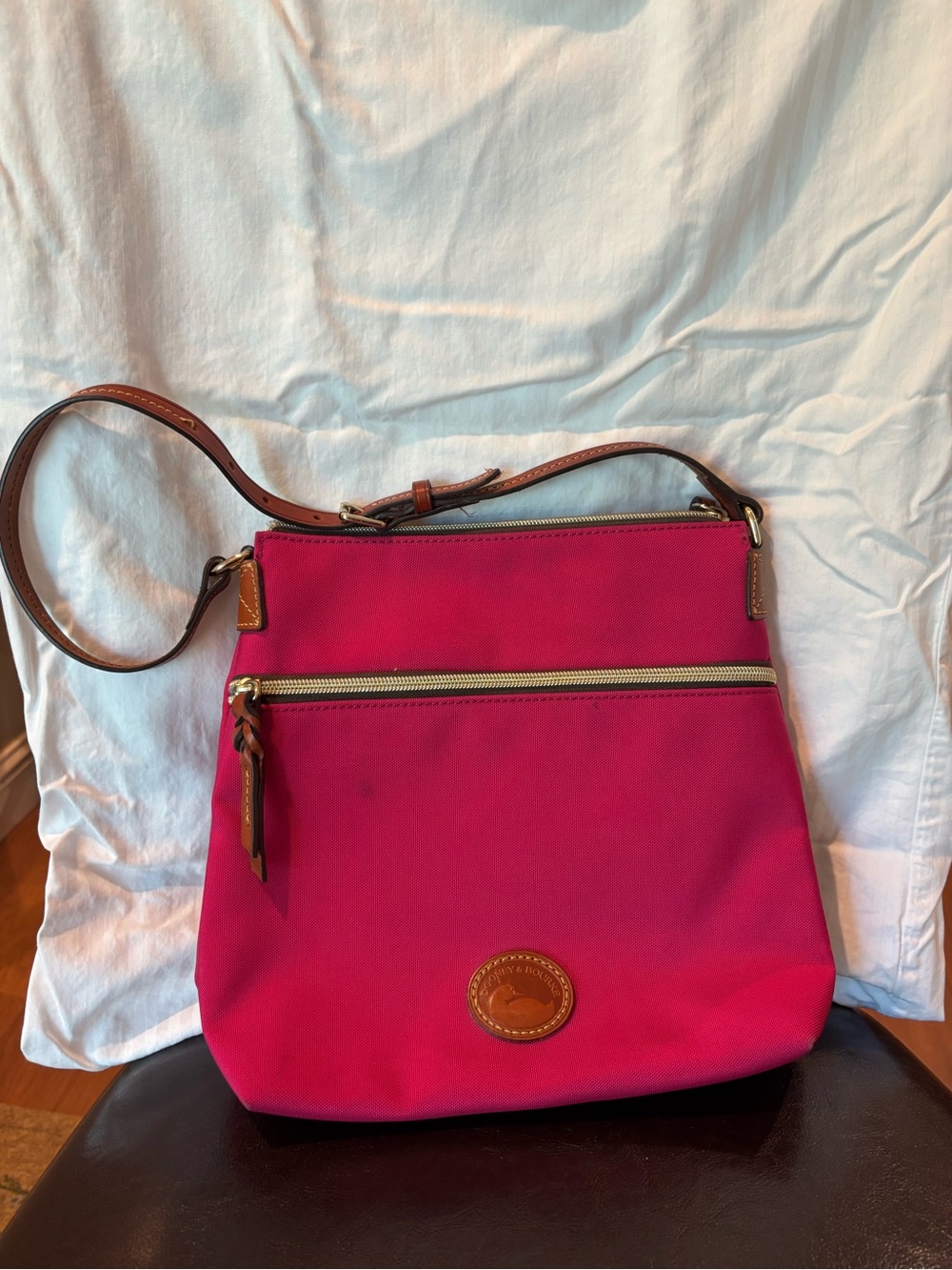 Dooney & Bourke Hot Pink Shoulder Bag with Brown Leather Trim
